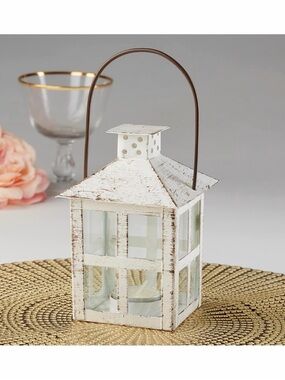 Kate Aspen Distressed White & Brown Metal-Handled Lantern
